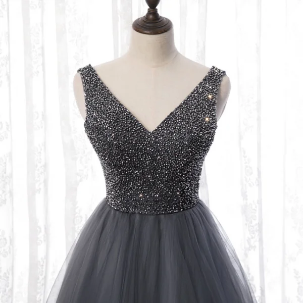 Best Grey Dancing Prom Dresses 2020 A-Line / Princess V-Neck Sleeveless Beading Floor-Length / Long Ruffle Backless Formal Dresses