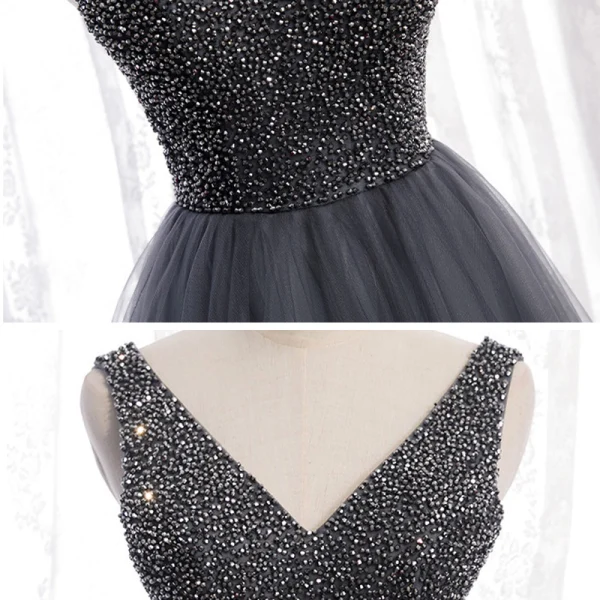 Best Grey Dancing Prom Dresses 2020 A-Line / Princess V-Neck Sleeveless Beading Floor-Length / Long Ruffle Backless Formal Dresses
