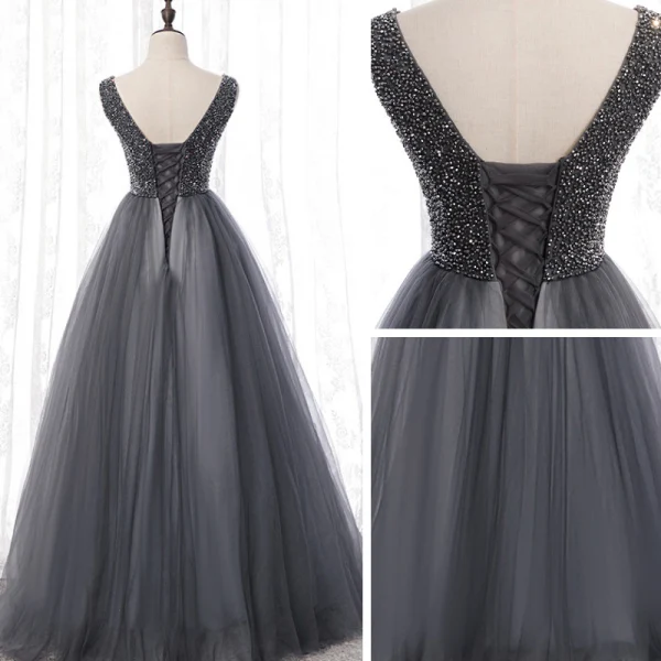 Best Grey Dancing Prom Dresses 2020 A-Line / Princess V-Neck Sleeveless Beading Floor-Length / Long Ruffle Backless Formal Dresses