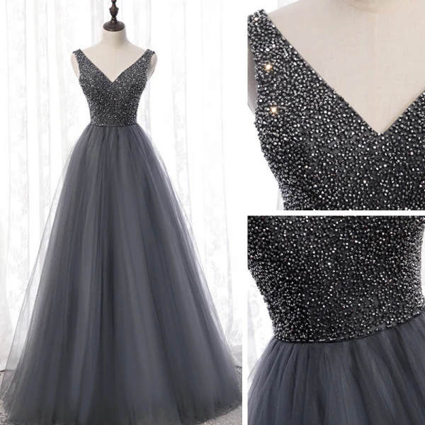 Best Grey Dancing Prom Dresses 2020 A-Line / Princess V-Neck Sleeveless Beading Floor-Length / Long Ruffle Backless Formal Dresses