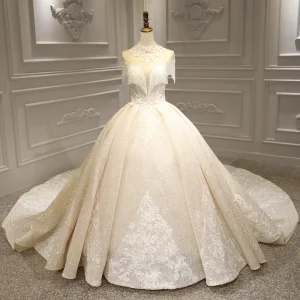 Luxe Champagne La Mariée Robe De Mariée 2020 Robe Boule Col Haut Manches Courtes Dos Nu Appliques En Dentelle Perlage Gland Glitter Tulle Royal Train Volants