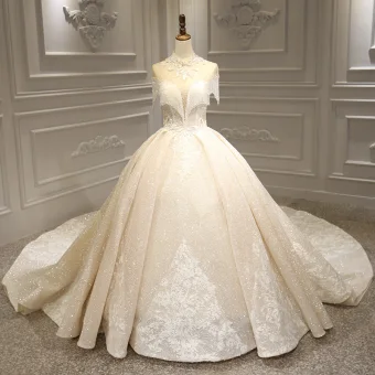 Luxury Gorgeous Champagne Bridal Wedding Dresses 2020 Ball Gown High Neck Short Sleeve Backless Appliques Lace Beading Tassel Glitter Tulle Royal Train Ruffle