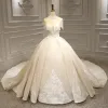Luxury / Gorgeous Champagne Bridal Wedding Dresses 2020 Ball Gown High Neck Short Sleeve Backless Appliques Lace Beading Tassel Glitter Tulle Royal Train Ruffle