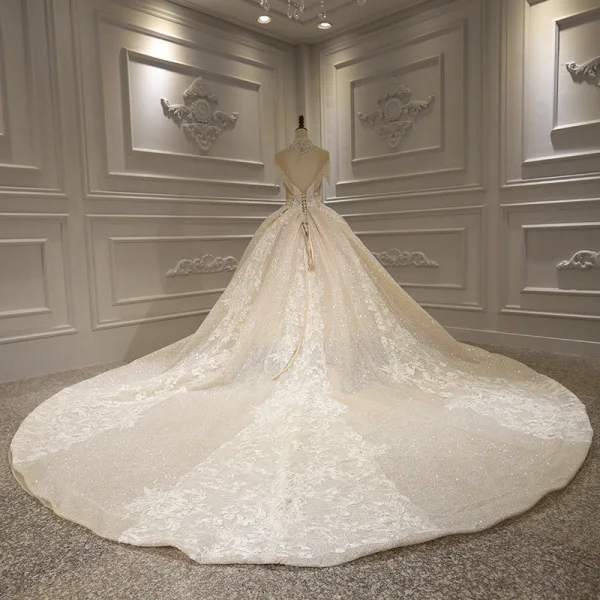 Luxury / Gorgeous Champagne Bridal Wedding Dresses 2020 Ball Gown High Neck Short Sleeve Backless Appliques Lace Beading Tassel Glitter Tulle Royal Train Ruffle