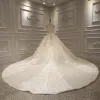 Luxury / Gorgeous Champagne Bridal Wedding Dresses 2020 Ball Gown High Neck Short Sleeve Backless Appliques Lace Beading Tassel Glitter Tulle Royal Train Ruffle