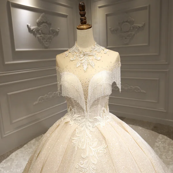 Luxury / Gorgeous Champagne Bridal Wedding Dresses 2020 Ball Gown High Neck Short Sleeve Backless Appliques Lace Beading Tassel Glitter Tulle Royal Train Ruffle