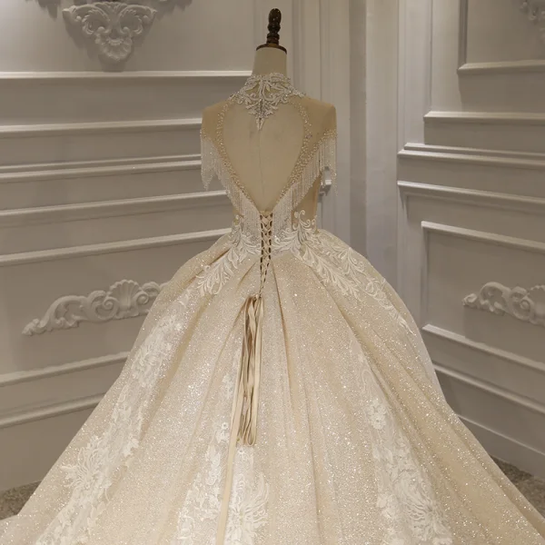 Luxury / Gorgeous Champagne Bridal Wedding Dresses 2020 Ball Gown High Neck Short Sleeve Backless Appliques Lace Beading Tassel Glitter Tulle Royal Train Ruffle