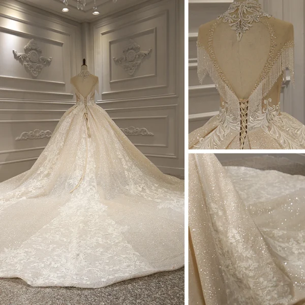 Luxury / Gorgeous Champagne Bridal Wedding Dresses 2020 Ball Gown High Neck Short Sleeve Backless Appliques Lace Beading Tassel Glitter Tulle Royal Train Ruffle