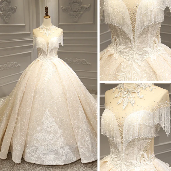 Luxury / Gorgeous Champagne Bridal Wedding Dresses 2020 Ball Gown High Neck Short Sleeve Backless Appliques Lace Beading Tassel Glitter Tulle Royal Train Ruffle