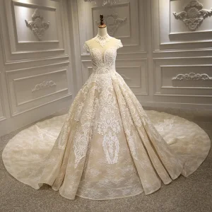 Luxe Champagne Transparentes La Mariée Robe De Mariée 2020 Robe Boule Col Haut Manches Courtes Appliques En Dentelle Perlage Royal Train Volants