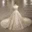 Luxury / Gorgeous Champagne See-through Bridal Wedding Dresses 2020 Ball Gown High Neck Short Sleeve Appliques Lace Beading Royal Train Ruffle