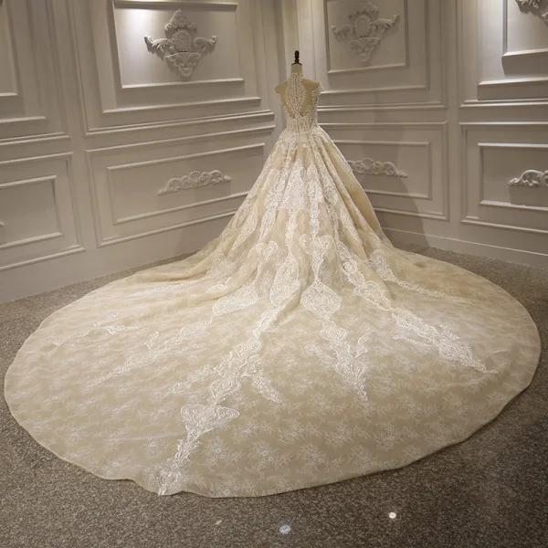 Luxury / Gorgeous Champagne See-through Bridal Wedding Dresses 2020 Ball Gown High Neck Short Sleeve Appliques Lace Beading Royal Train Ruffle