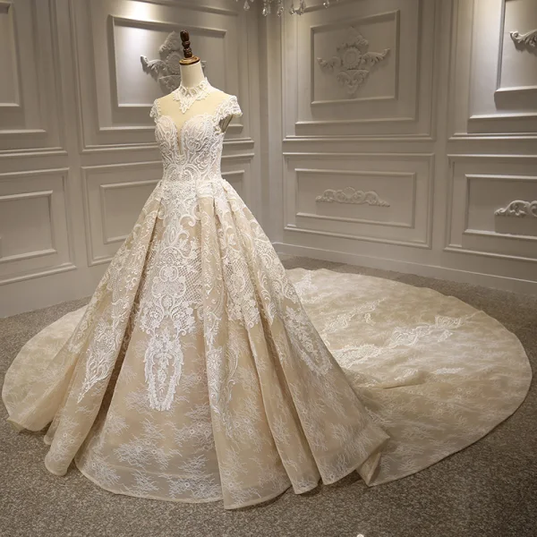 Luxury / Gorgeous Champagne See-through Bridal Wedding Dresses 2020 Ball Gown High Neck Short Sleeve Appliques Lace Beading Royal Train Ruffle