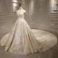 Luxury / Gorgeous Champagne See-through Bridal Wedding Dresses 2020 Ball Gown High Neck Short Sleeve Appliques Lace Beading Royal Train Ruffle