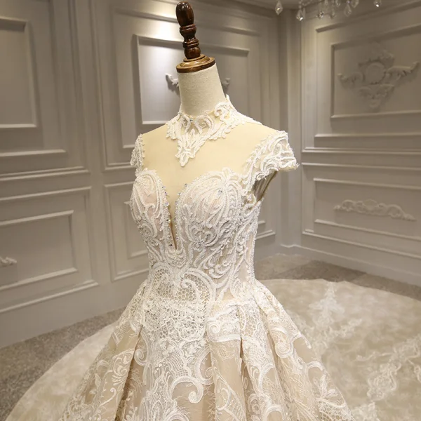 Luxury / Gorgeous Champagne See-through Bridal Wedding Dresses 2020 Ball Gown High Neck Short Sleeve Appliques Lace Beading Royal Train Ruffle
