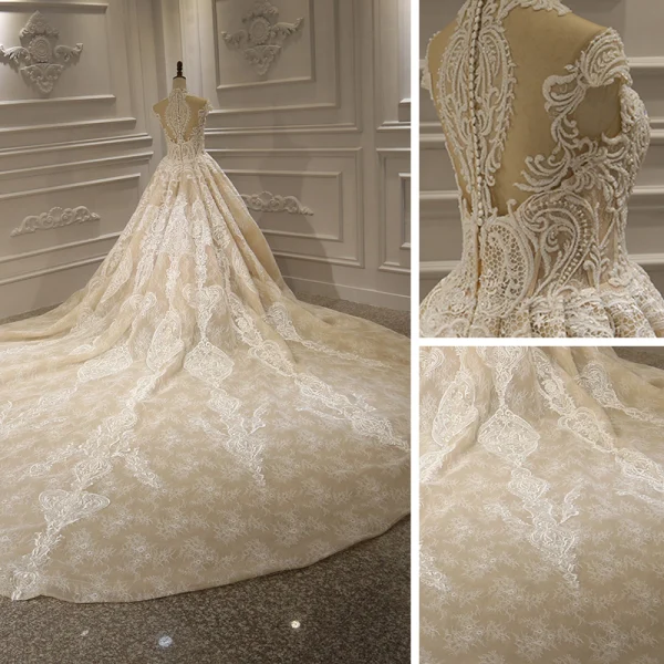 Luxury / Gorgeous Champagne See-through Bridal Wedding Dresses 2020 Ball Gown High Neck Short Sleeve Appliques Lace Beading Royal Train Ruffle