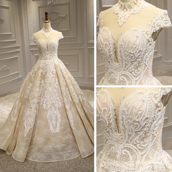 Luxury / Gorgeous Champagne See-through Bridal Wedding Dresses 2020 Ball Gown High Neck Short Sleeve Appliques Lace Beading Royal Train Ruffle