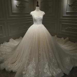 Luxe Champagne La Mariée Robe De Mariée 2020 Robe Boule Transparentes Encolure Dégagée Sans Manches Dos Nu Appliques En Dentelle Perlage Glitter Tulle Royal Train Volants