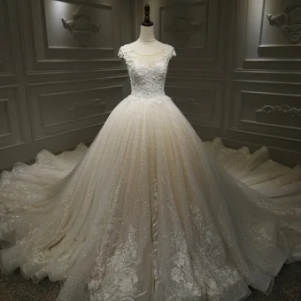 Luxe Champagne La Mariée Robe De Mariée 2020 Robe Boule Transparentes Encolure Dégagée Sans Manches Dos Nu Appliques En Dentelle Perlage Glitter Tulle Royal Train Volants