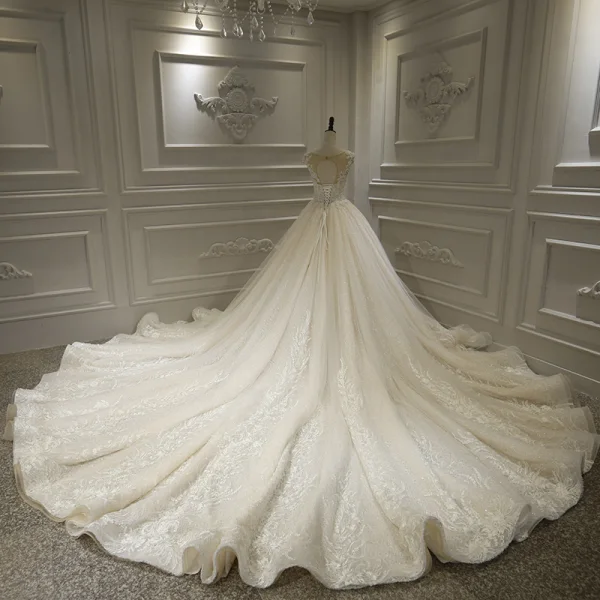 Luxury / Gorgeous Champagne Bridal Wedding Dresses 2020 Ball Gown See-through Scoop Neck Sleeveless Backless Appliques Lace Beading Glitter Tulle Royal Train Ruffle
