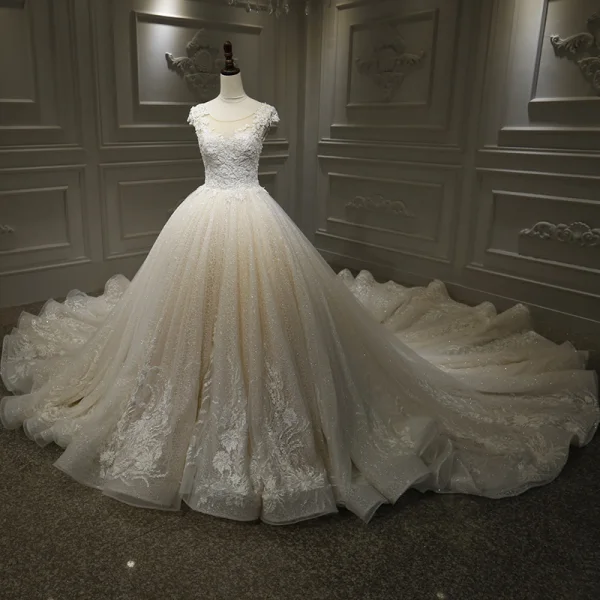 Luxury / Gorgeous Champagne Bridal Wedding Dresses 2020 Ball Gown See-through Scoop Neck Sleeveless Backless Appliques Lace Beading Glitter Tulle Royal Train Ruffle