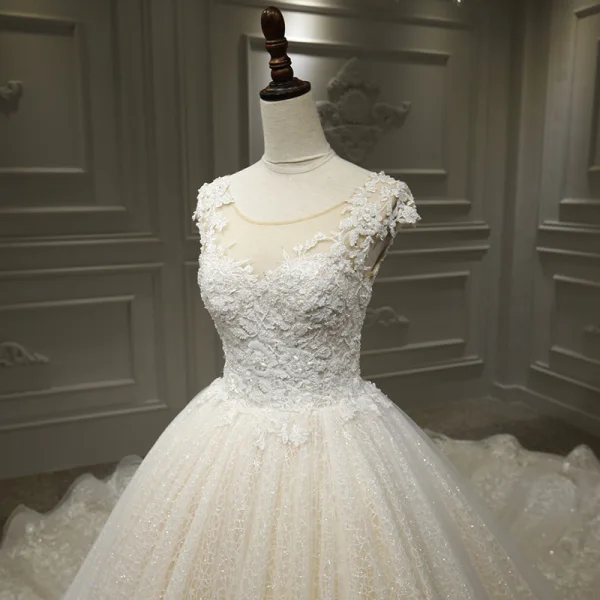 Luxury / Gorgeous Champagne Bridal Wedding Dresses 2020 Ball Gown See-through Scoop Neck Sleeveless Backless Appliques Lace Beading Glitter Tulle Royal Train Ruffle