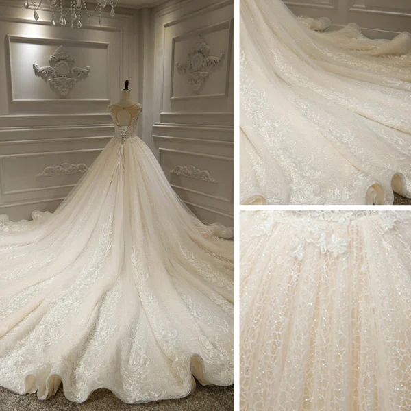 Luxury / Gorgeous Champagne Bridal Wedding Dresses 2020 Ball Gown See-through Scoop Neck Sleeveless Backless Appliques Lace Beading Glitter Tulle Royal Train Ruffle