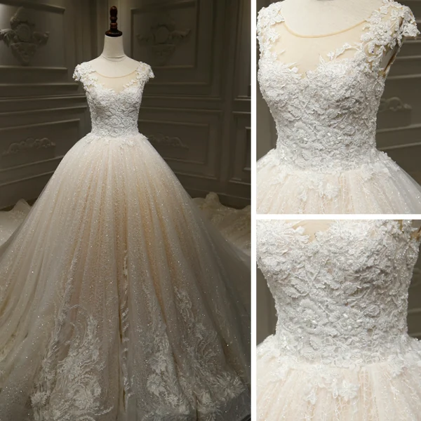 Luxury / Gorgeous Champagne Bridal Wedding Dresses 2020 Ball Gown See-through Scoop Neck Sleeveless Backless Appliques Lace Beading Glitter Tulle Royal Train Ruffle