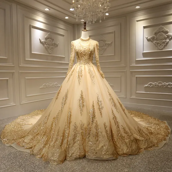 Luxury / Gorgeous Gold Bridal Wedding Dresses 2020 Ball Gown See-through High Neck Long Sleeve Backless Appliques Lace Beading Sequins Cathedral Train Ruffle