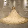 Luxury / Gorgeous Gold Bridal Wedding Dresses 2020 Ball Gown See-through High Neck Long Sleeve Backless Appliques Lace Beading Sequins Cathedral Train Ruffle