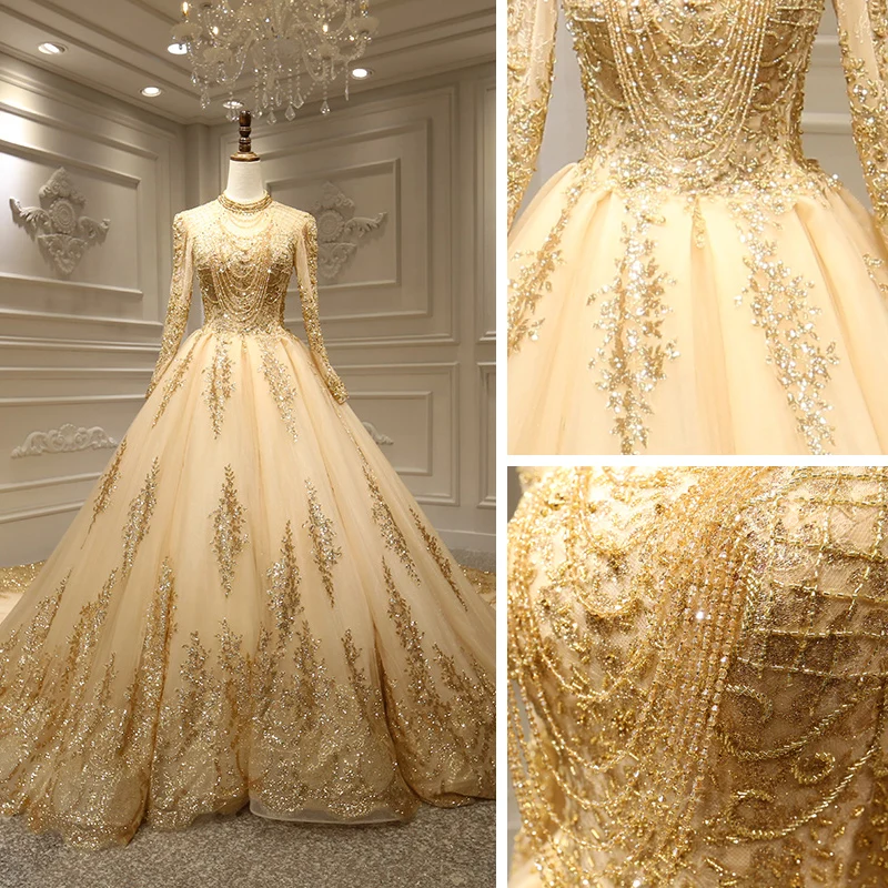 Lace See Through with Beaded Bodice Gowns Gold