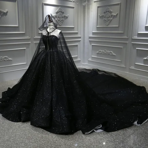 Amazing / Unique Black Bridal Wedding Dresses With Cloak 2020 Ball Gown Sweetheart Sleeveless Backless Beading Glitter Tulle Royal Train Ruffle