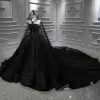 Unique Noire La Mariée Robe De Mariée Avec Cape 2020 Robe Boule Amoureux Sans Manches Dos Nu Perlage Glitter Tulle Royal Train Volants