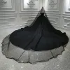 Amazing / Unique Black Bridal Wedding Dresses With Cloak 2020 Ball Gown Sweetheart Sleeveless Backless Beading Glitter Tulle Royal Train Ruffle