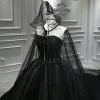 Amazing / Unique Black Bridal Wedding Dresses With Cloak 2020 Ball Gown Sweetheart Sleeveless Backless Beading Glitter Tulle Royal Train Ruffle