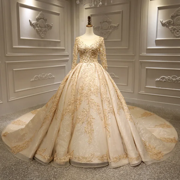 Stunning Gold Bridal Wedding Dresses 2020 Ball Gown See-through Scoop Neck Long Sleeve Backless Appliques Lace Handmade Beading Glitter Tulle Royal Train Ruffle Stunning Gold Bridal Wedding Dresses 2020 Ball Gown See-through Scoop Neck Long Sleeve Backless Appliques Lace Handmade Beading Glitter Tulle Royal Train Ruffle