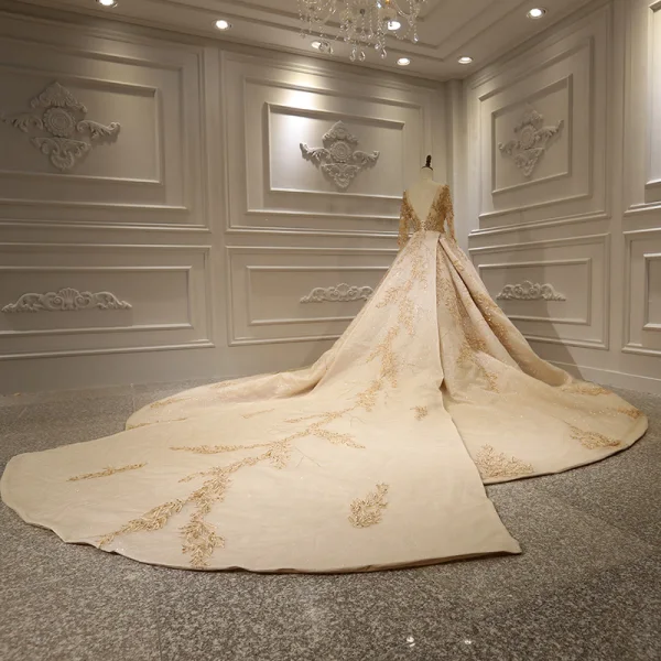 cream and gold wedding dress Embellished Bridal Ivory and Gold Wedding Dress with Lehenga MEDIUM