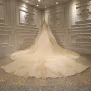 Fantastisk Guld Brud Bröllopsklänningar 2020 Balklänning Genomskinliga Urringning Långärmad Halterneck Appliqués Spets Handgjort Beading Glittriga / Glitter Tyll Royal Train Ruffle