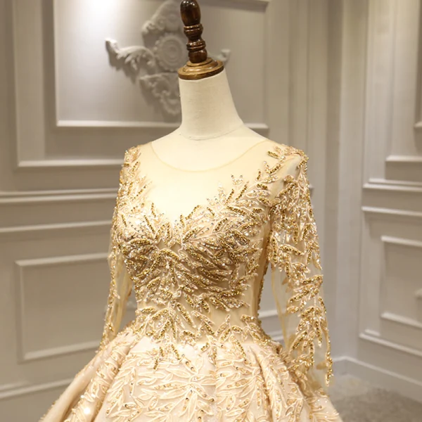Stunning Gold Bridal Wedding Dresses 2020 Ball Gown See-through Scoop Neck Long Sleeve Backless Appliques Lace Handmade  Beading Glitter Tulle Royal Train Ruffle