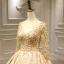Stunning Gold Bridal Wedding Dresses 2020 Ball Gown See-through Scoop Neck Long Sleeve Backless Appliques Lace Handmade  Beading Glitter Tulle Royal Train Ruffle