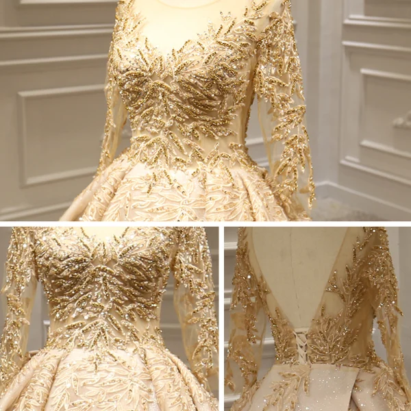 Stunning Gold Bridal Wedding Dresses 2020 Ball Gown See-through Scoop Neck Long Sleeve Backless Appliques Lace Handmade  Beading Glitter Tulle Royal Train Ruffle