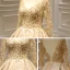 Stunning Gold Bridal Wedding Dresses 2020 Ball Gown See-through Scoop Neck Long Sleeve Backless Appliques Lace Handmade  Beading Glitter Tulle Royal Train Ruffle