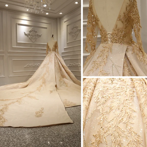 Stunning Gold Bridal Wedding Dresses 2020 Ball Gown See-through Scoop Neck Long Sleeve Backless Appliques Lace Handmade  Beading Glitter Tulle Royal Train Ruffle