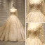 Stunning Gold Bridal Wedding Dresses 2020 Ball Gown See-through Scoop Neck Long Sleeve Backless Appliques Lace Handmade  Beading Glitter Tulle Royal Train Ruffle
