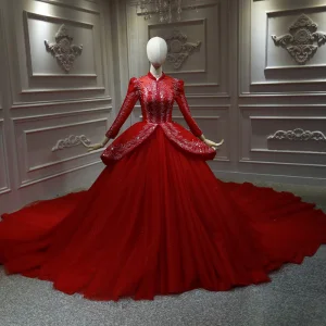 Kinesisk Stil Röd Brud Bröllopsklänningar 2020 Balklänning Hög Hals Långärmad Halterneck Appliqués Spets Beading Paljetter Cathedral Train Ruffle