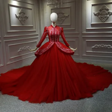 Chinese Style Red Bridal Wedding Dresses 2020 Ball Gown High Neck Long Sleeve Backless Appliques Lace Beading Sequins Cathedral Train Ruffle