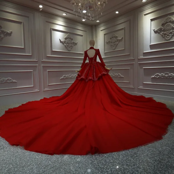 Chinesischer Stil Rot Hochzeits Brautkleider / Hochzeitskleider 2020 Ballkleid Stehkragen Lange Ärmel Rückenfreies Applikationen Spitze Perlenstickerei Pailletten Kathedrale Schleppe Rüschen