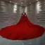 Chinesischer Stil Rot Hochzeits Brautkleider / Hochzeitskleider 2020 Ballkleid Stehkragen Lange Ärmel Rückenfreies Applikationen Spitze Perlenstickerei Pailletten Kathedrale Schleppe Rüschen