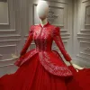 Chinese style Red Bridal Wedding Dresses 2020 Ball Gown High Neck Long Sleeve Backless Appliques Lace Beading Sequins Cathedral Train Ruffle