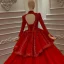 Chinesischer Stil Rot Hochzeits Brautkleider / Hochzeitskleider 2020 Ballkleid Stehkragen Lange Ärmel Rückenfreies Applikationen Spitze Perlenstickerei Pailletten Kathedrale Schleppe Rüschen